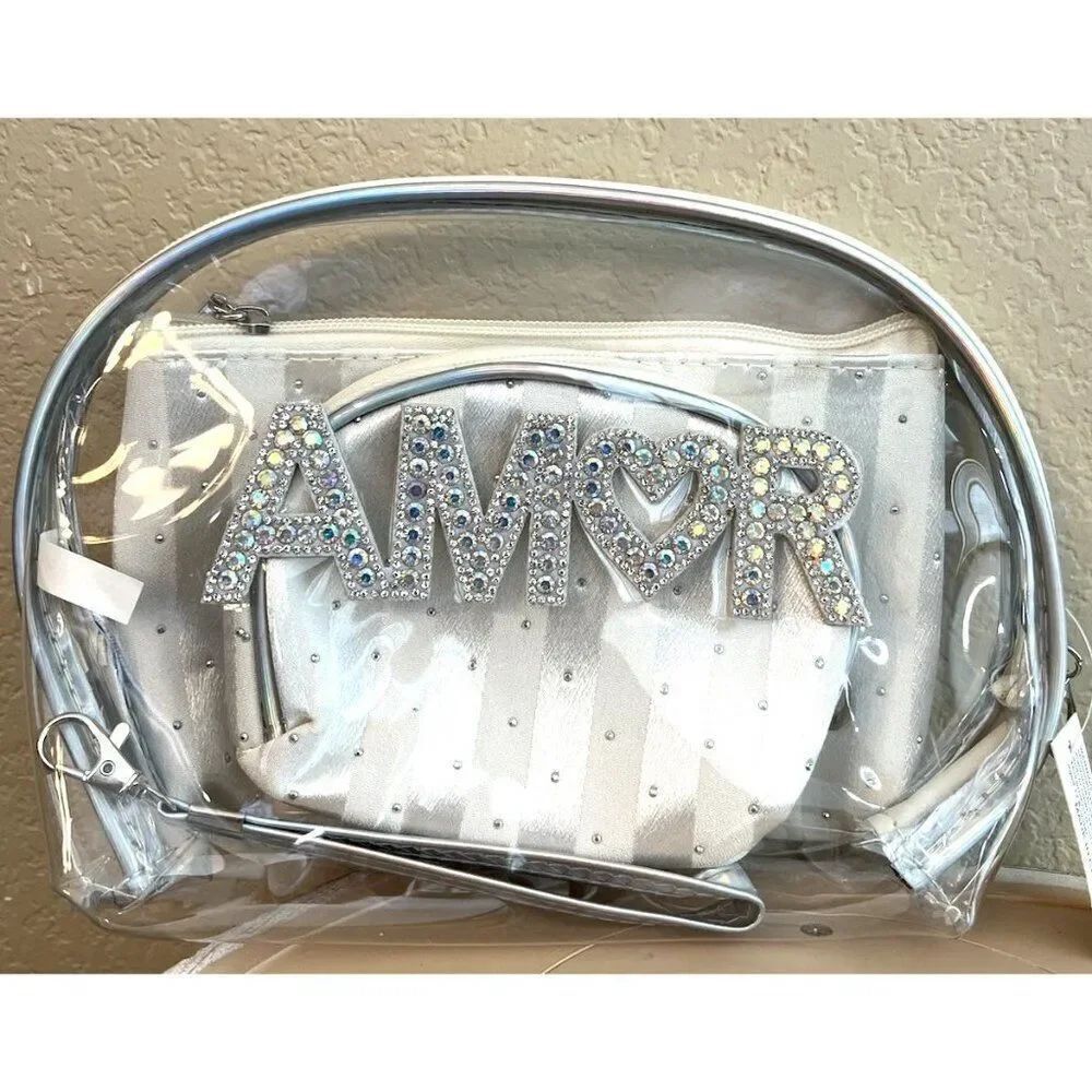 AMOR Bling Clear Cosmetic Travel Bag Wristlet Concert Makeup Case Set of 3 NWT